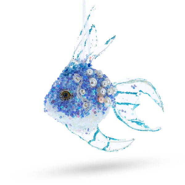 Beaded Blue Coral Reef Fish Glass Christmas Ornament